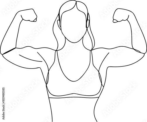 Strong female athlete flexing powerful biceps in a minimalist line art illustration for health and fitness concepts