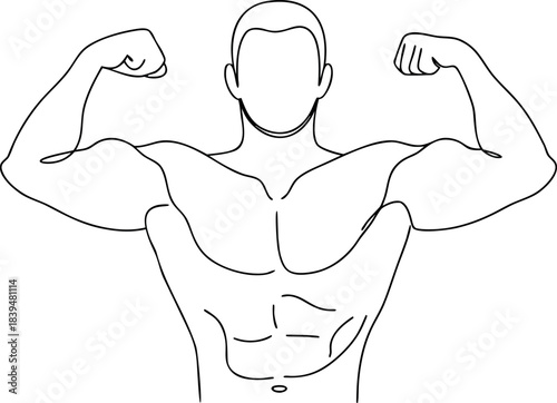 Strong muscular man flexing biceps showing powerful upper body in a modern minimalist continuous line art illustration