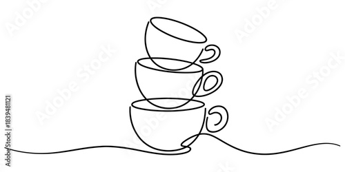 Stylized single line drawing of three stacked coffee cups, minimalist illustration representing morning coffee, breakfast, or cafe culture. Vector, illustration