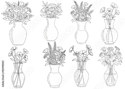 Floral Elegance: A curated collection of delicate flower bouquets, each gracefully arranged within elegant vases. A symphony of botanical artistry and serene beauty.