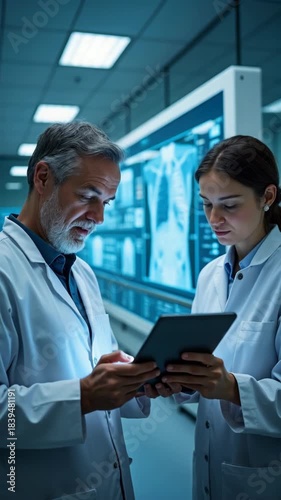 Two doctors in a modern laboratory using a tablet and digital screen with medical data.