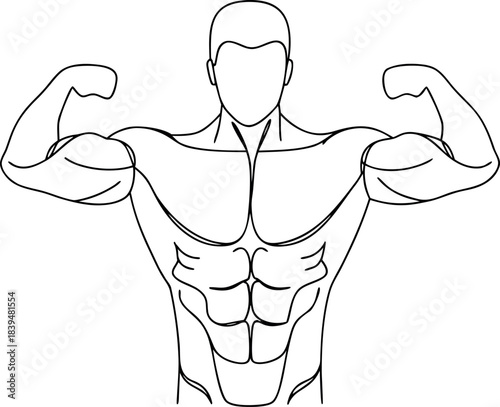 Strong muscular man flexing his impressive biceps and abs in a powerful fitness display line art illustration