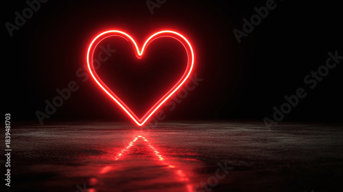 A vibrant neon heart glows against a dark background, casting a soft reflection below. This striking image symbolizes love, passion, and affection
