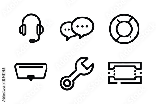 Collection of six simple black and white line art icons for support and service