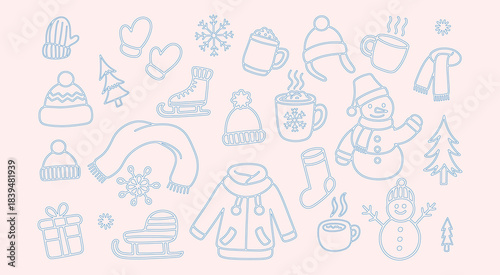 Hand-drawn winter doodle set with cozy line art icons including snowmen, hot drinks, mittens, scarves, ice skates, and festive seasonal elements