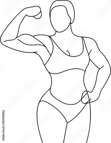 Strong muscular woman flexing her bicep in a minimalist line art illustration symbolizing power and fitness