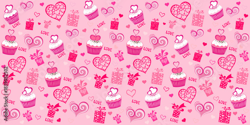 Seamless valentine pattern with cupcake, gift box and hearts. Design for wedding. February 14. Menu design. Template for a baking shop, cafe. Background for wallpaper, pattern fills, web page. Vector