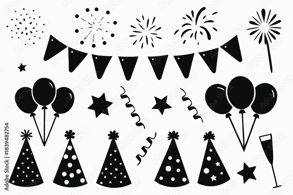 Obraz premium Collection of black party celebration silhouette elements for festive occasions silhouette