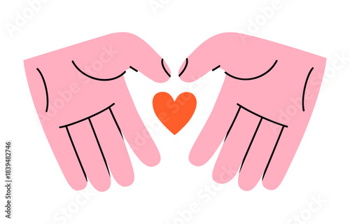 Hand drawn cute illustration of finger heart sign. Fall in love feeling hand gesture doodle. Valentine's Day holiday concept sticker, icon. Support and kindness. Romantic emotion. Isolated.