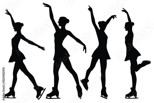 Four female figure skaters performing graceful poses silhouette