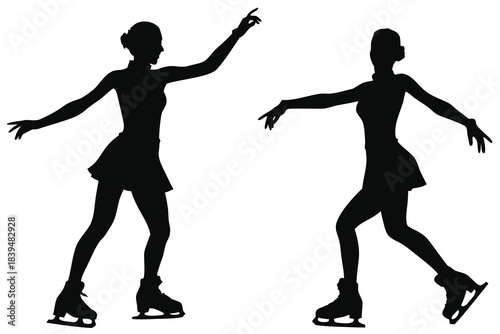 Two female figure skaters performing graceful moves on ice silhouette