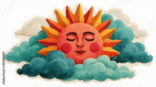 Bright sun with closed eyes surrounded by clouds in colorful artwork during daylight