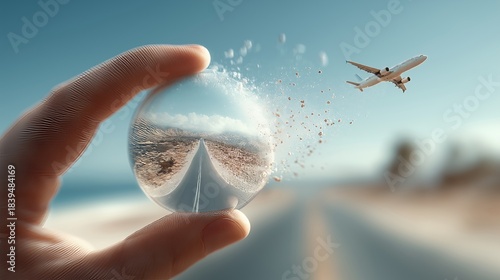 Hand holding a glass sphere with a road and plane flying in the background showing a travel scene in an open landscape
