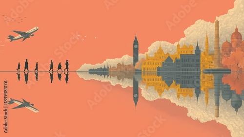 Travelers walk by a city skyline with an airplane flying above in the background