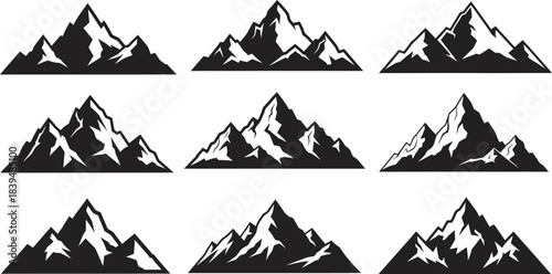 Set of nine black and white mountain peak illustrations in a grid pattern