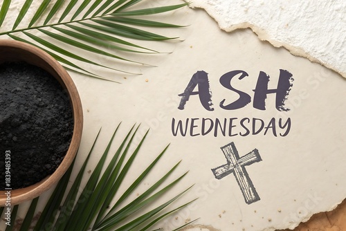 Ash Wednesday Theme With Palm Leaves, Ash Pot, And Cross Symbol On Paper Background


