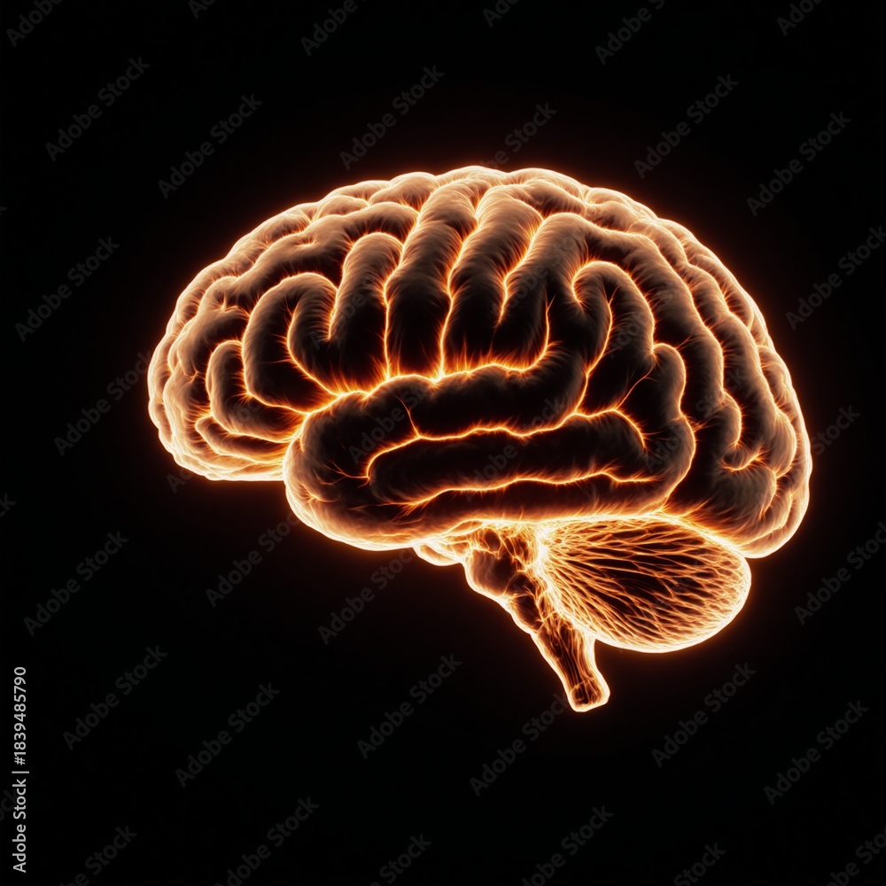 Fototapeta premium A glowing brain with fiery orange lines tracing its intricate contours illuminates a dark backdrop