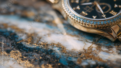 Macro shot of watch bezel, engraved details, and metallic textures contrasted against cool marble veins, timeless luxury concept