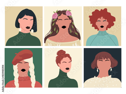 Abstract people portraits set. Faceless female, women characters. Person poster, head avatar, hand drawn vector illustration.