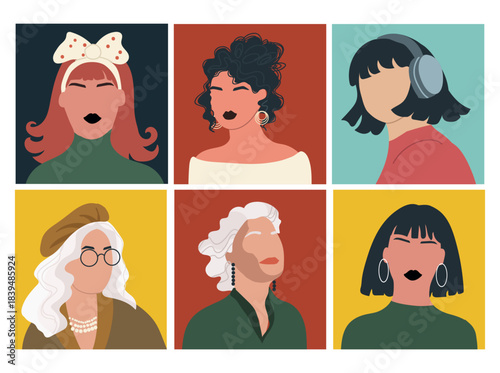 Abstract people portraits set. Faceless female, women characters. Person poster, head avatar, hand drawn vector illustration.