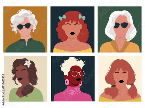 Abstract people portraits set. Faceless female, women characters. Person poster, head avatar, hand drawn vector illustration.