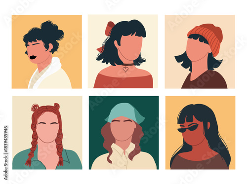 Abstract people portraits set. Faceless female, women characters. Person poster, head avatar, hand drawn vector illustration.