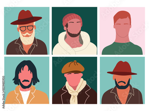 Abstract people portraits set. Faceless male, men characters. Person poster, head avatar, hand drawn vector illustration.