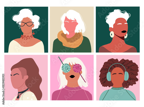 Abstract people portraits set. Faceless female, women characters. Person poster, head avatar, hand drawn vector illustration.