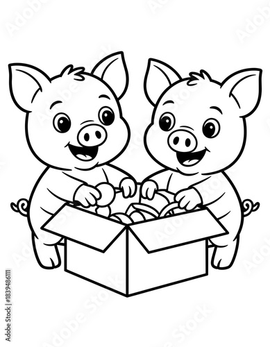 Two happy piglets playing with toys in a box. Two cheerful piglets are having fun playing with toys in a cozy box – Coloring Page for Kids