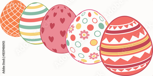 Colorful decorated Easter eggs in various patterns and designs  