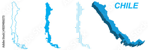 Chile Map Vector Set, South America Outline Silhouette Dotted 3D Solid Shapes, Chile Country Infographic Template, Editable EPS Chile Geography