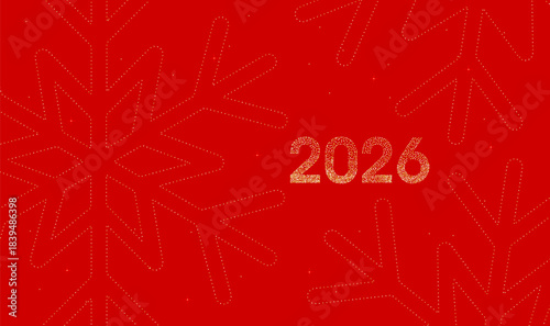 2026 Greeting cards template with Glitter golden numbers and snowflake silhouettes. Shiny 2026 New Year glowing digits on red background with gold decorative sparkling elements. Festive banner. Vector