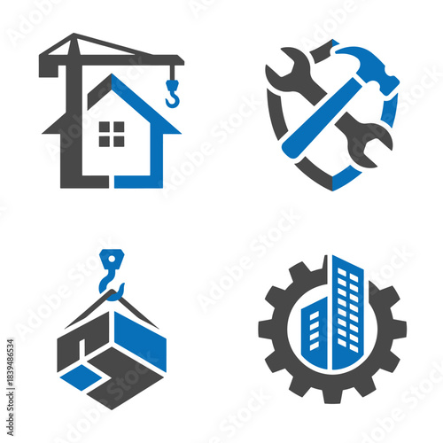 Modern Construction, Engineering, Logistics, and Maintenance Service Icons Vector Set for Real Estate and Industrial Building Solutions.