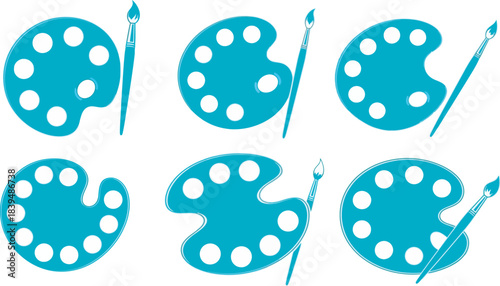 Repeating pattern of teal artist palettes and paintbrushes on a white background