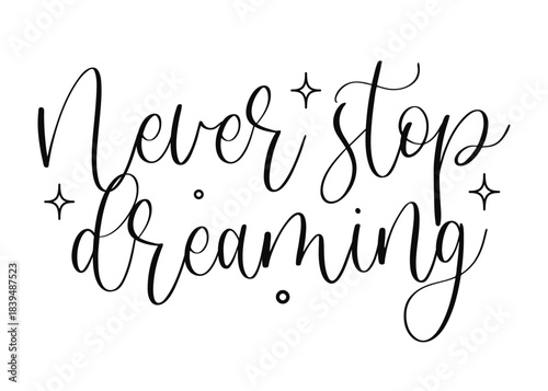 Vector inspirational hand lettering with Never Stop Dreaming quote and stars for motivational posters and encouragement designs isolated on white background