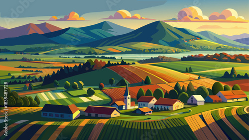 Very beautiful aerial view of Stowe’s open farmlands stretching toward Mount Mansfield, glowing under soft summer light. Rolling fields, distant peaks, and peaceful rural textures shape this charming 