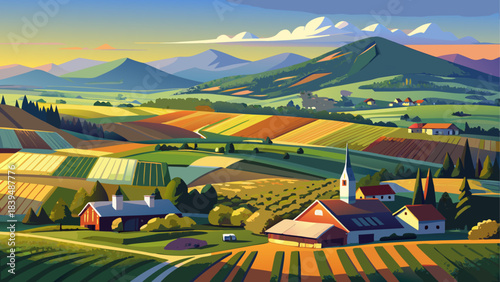 Very beautiful aerial view of Stowe’s open farmlands stretching toward Mount Mansfield, glowing under soft summer light. Rolling fields, distant peaks, and peaceful rural textures shape this charming 