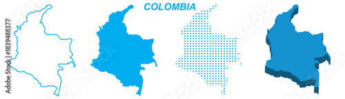 Colombia Map Vector Set, South America Outline Silhouette Dotted 3D Solid Shapes, Colombia Country Infographic Template, Editable EPS Colombia Geography