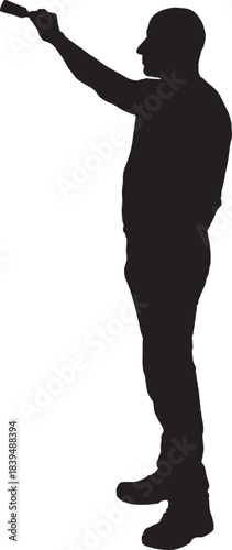 vector, silhouette of  Side view of a man holding a paintbrush, painting something imaginary with his arm raised