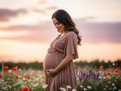 Pregnant woman in a field of wildflowers at sunset