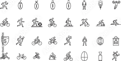 Collection of minimalist line art icons depicting various sports and recreational activities