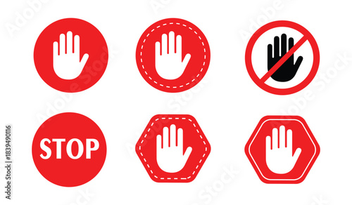 Stop hand prohibition icons set in red signs | warning, no entry, restricted access, safety and control symbol collection