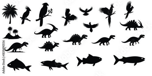 Silhouettes of prehistoric creatures including dinosaurs birds and fish on white background