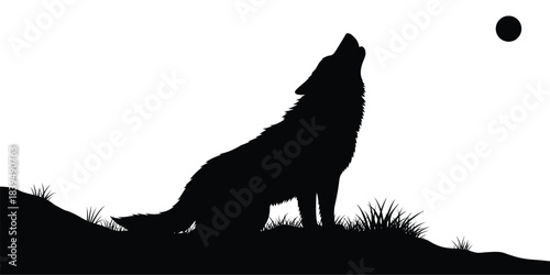 Silhouette of a howling wolf against a bright full moon in a night landscape