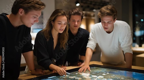 A team of architects gathered around a large digital map discussing infrastructure planning for new private housing, representing innovation, collaboration, and sustainable community growth.