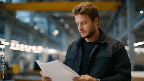 An engineer walking through a busy factory floor while reviewing updated blueprint revisions on a tablet — integrated industrial workflow connecting digital planning with real-world manufacturing