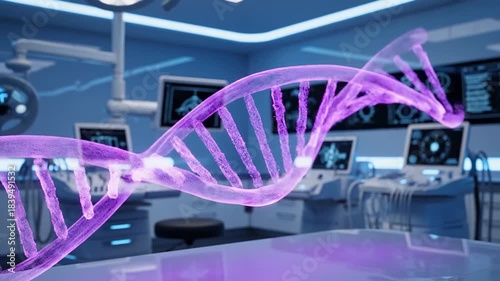 Futuristic DNA Helix Animation in a Modern Medical Laboratory.