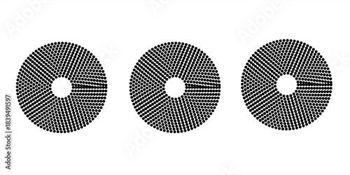 Black concentric circle set. Sonar or sound wave ring collection. Dotted and linear epicentre, target, radar icon concept. Ripple radial signal or vibration elements. Vector line and halftone symbols