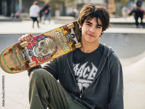 Young skateboarder with a skull graphic on his board smiles at the camera