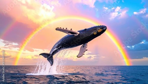 Whale breaches ocean surface majestically magnificent whale leaps from sea creating splash